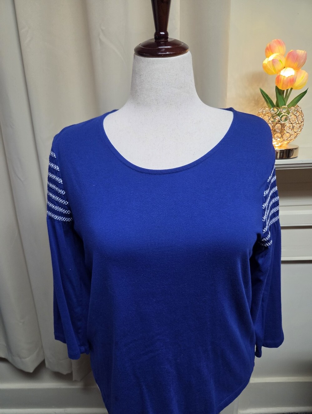 Chico's Cobalt Blue Scoop Neck Long Sleeve Top  Striped Shoulder Detail  XL